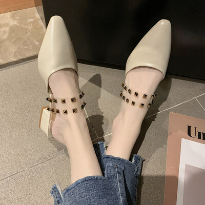 

Mueller shoes womens half drag 2019 summer new pointed thick with net red rivet foreign gas Joker small sweet shoes