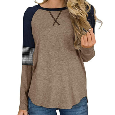 

Autumn Fashion Women Splice Stripe O-neck Long sleeves Loose T-shirt