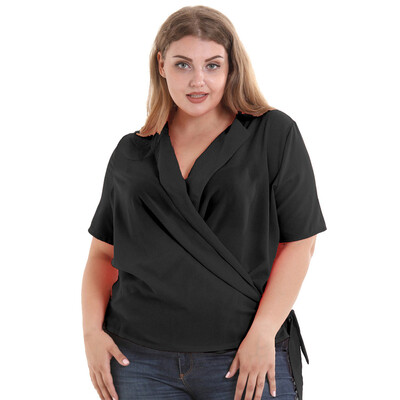 

Starmoon Women Short Sleeve Casual Lace-up Collar Suit Chiffon Solid Blouse T-Shirt