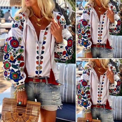 

Plus Size Womens Floral Print V Neck Long Sleeve Tops Blouse Summer Boho T Shirt