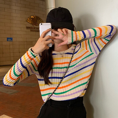 

Korean Style Women T-shirt Rainbow Striped Autumn Thin Knitted Tee Harajuku Long Sleeve Kawaii Ladies Tee Tops Femme