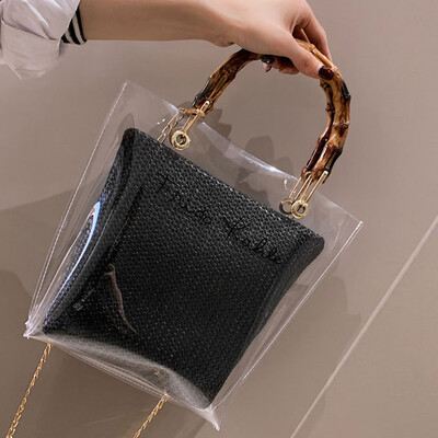 

Bamboo Handle Straw Weave Handbag Womens Bags 2019 Letter Printed Clear Messenger Shoulder Bag Summer Handbags Tote T30