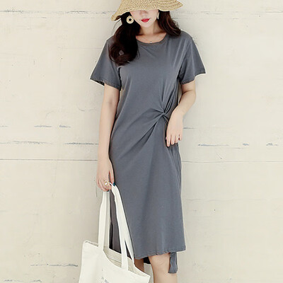 

Fashion Simple Casual Solid Color Womens Dress Slim Plus Size Short Sleeve Round Neck Split Dress