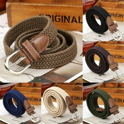 

Hot Fashion Woven Stretch Braided Elastic Leather Buckle Belt Unisex Waistband Belt