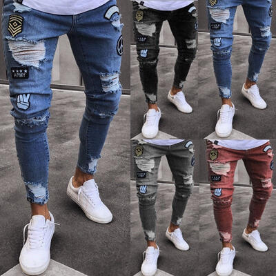 

Mens Slim Biker Denim Jeans Skinny Frayed Pants Distressed Rip Jeans Pants