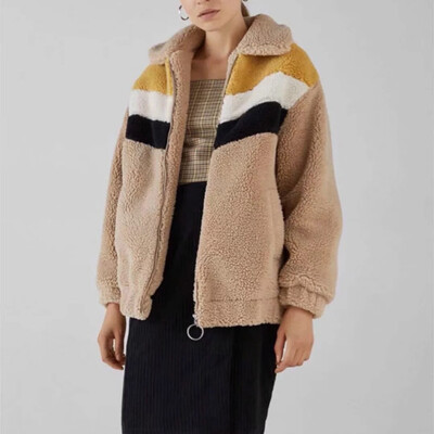 

Toponeto Women Winter Warm Thick Coat Stripe Splicing Plush Zipper Jacket Cardigan
