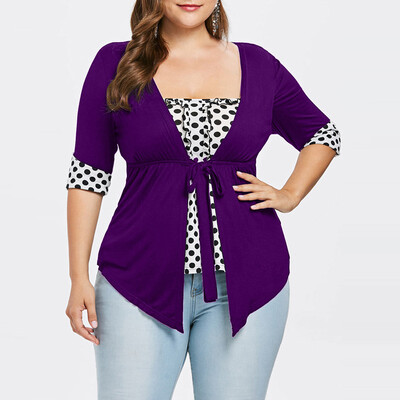 

Starmoon Fashion Women Plus Size Square Neck Polka Dot Ribbons Empire Waist T-shirt Tee