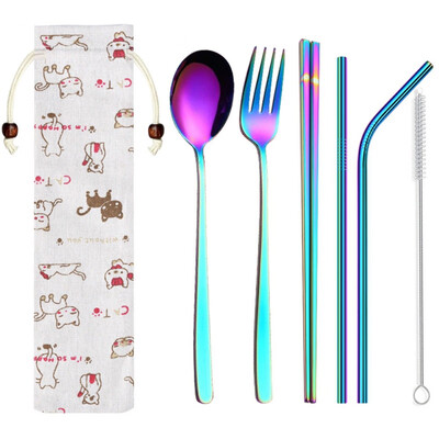 

Portable Travel Dinneware Set Stainless Steel Spoon Straws Chopsticks Fork Set With Linen Bag Kitchen Tableware
