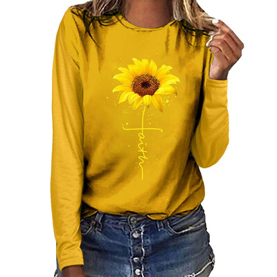 

2019 Fashion Casual Women Sunflower Printing O-neck Long sleeves T-shirt