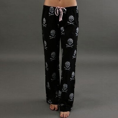 

Women Lady Causal Daily High Waist Skull Print Wide Calf Length Long Leg Pants