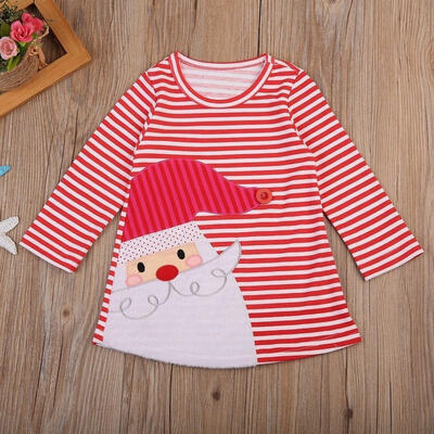 

Xmas Kids Baby Girls Santa Claus Striped Dress Casual Long Sleeve Skirt Clothes 1-7Years