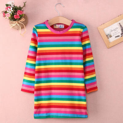 

Kids Baby Girls Rainbow Striped Dress Long Sleeve Casual Long Top Skirt Clothes