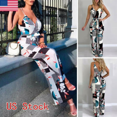 

Fashion Women Casual Sleeveless V Neck Print Club Long Pants Jumpsuit Bodysuit