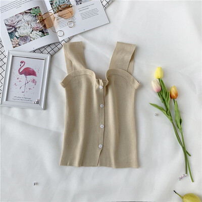 

Womens Sexy Solid Sleeveless Buttons Knitted Ruffles Crop Tank Top