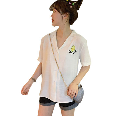 

Women Fresh Blouse Short Sleeve Embroidery Turn-down Collar Casual Loose Single Breasted Chiffon Blouse