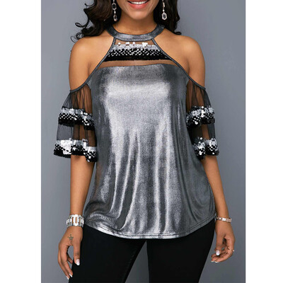 

Women Summer Blouse Tops Short Sleeve Solid Bling Sexy Cold Shoulder T Shirt