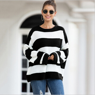 

Women Autumn Stylish Concise All-match Striped Loose Round Collar Long Sleeve Sweet Sweater