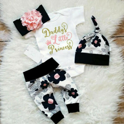 

4PCS Newborn Baby Girl Kid Tops Romper Floral Pants Headband Outfits Set Clothes