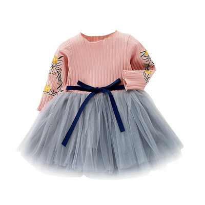 

Embroidery Flowers Baby Girl Dress Autumn Long Sleeve Flower Bow Kids Dresses For Girls Mesh Princess Wedding Dresses