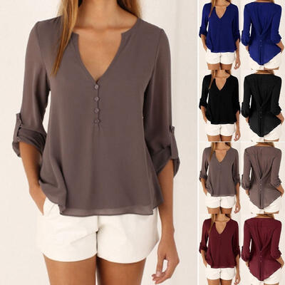 

Sexy Women Fashion Casual Long Sleeve V Neck Solid Color Chiffon Blouse Tops Ladies Autumn Winter Loose Plus Size Tops