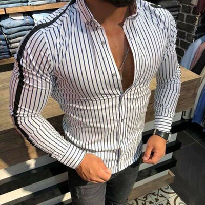 

Mens Slim Fit V Neck Long Sleeve Muscle Tee T-shirt Casual Tops Stripe Shirts