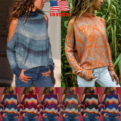 

US Women Long Sleeve Cold Shoulder Loose T Shirts Ladies Casual Blouse Top Shirt
