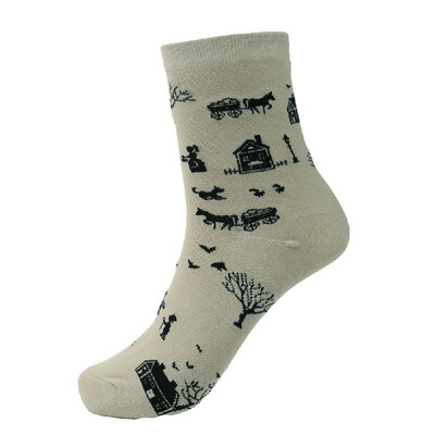 

New Fashion Women Ankle Socks Contrast Tree Cartoon Pattern Colorblock Ribbed Cuffs Casual Socks