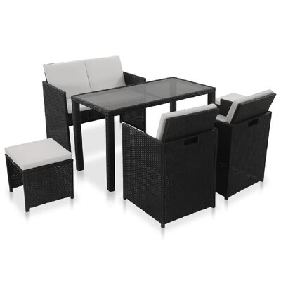 

6 Piece Outdoor Dining Set with Cushions Poly Rattan Black