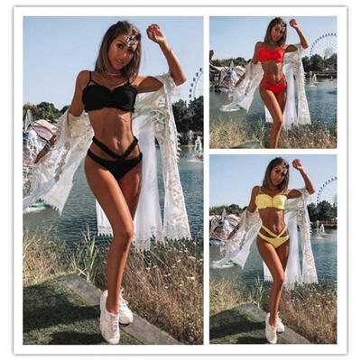

Women Swimwear Set Padded Bandage Swimsuit Floral Lace Bathing Push-up Bikini Hot