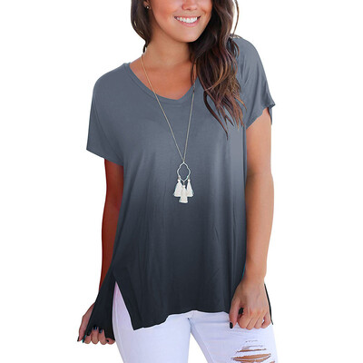 

Nomeni Womens Short Sleeve V-Neck Gradient Colour Loose Casual Tee T-Shirt Tops