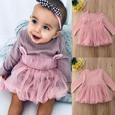 

Cute Newborn Baby Kid Girl Ear Long Sleeve Princess Dress Party Wedding Lace Tulle Tutu Dresses