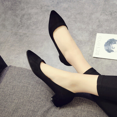 

Low heel work shoes female black shallow mouth pointed thick heel 3cm single shoes female professional velvet all black stewardess