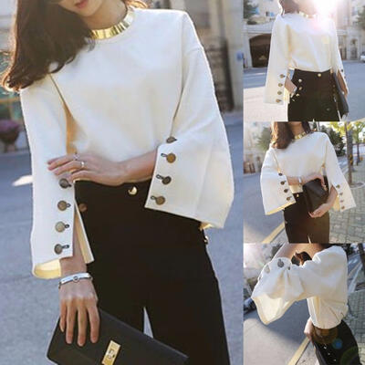 

Women Autumn Long Flare Sleeve Pullover White Shirt Tops Sweater Jumper