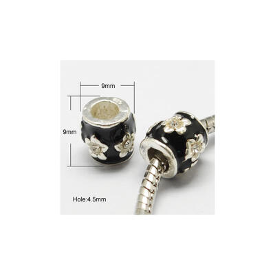 

Alloy Enamel European Beads with Grade A Rhinestones Large Hole Beads Barrel Silver Black 9x9mm Hole 45mm