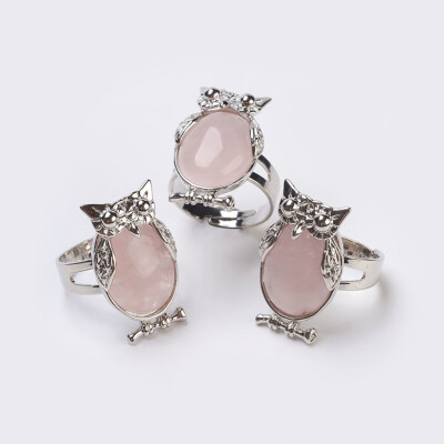 

Natural Rose Quartz Adjustable Finger Ring Wide Band Rings Owl Size 8 Platinum 18mm