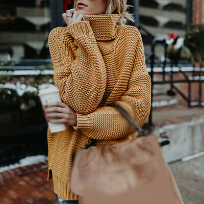 

Womens Turtle Neck Knitted Sweater Oversized Winter Autumn Baggy Jumper Tops