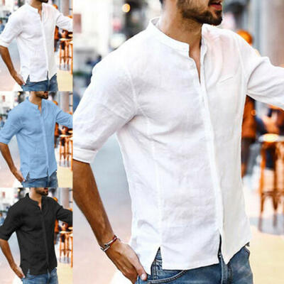 

Summer Mens Cotton Linen T Shirt Tops Casual Loose V Neck Short Sleeve Tee Tops