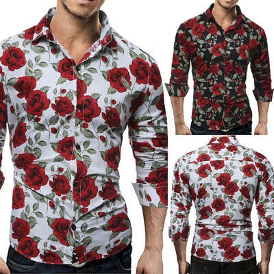

Fashion Men&39s Luxury Long Sleeve Tops Tee Slim Fit Casual Rose Flower Printed Shirts