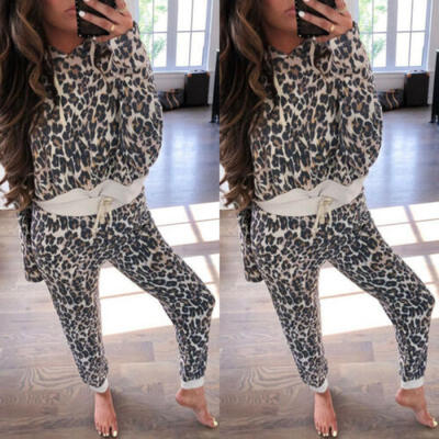 

Women Long Sleeve Leopard Print Set Hooded Tops Long Pants Trousers Tracksuits