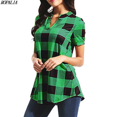 

Womens V-Neck Plaid Print Short Sleeve Loose T-Shirt Color Block European&American Style Casual Polyester T-Shirts