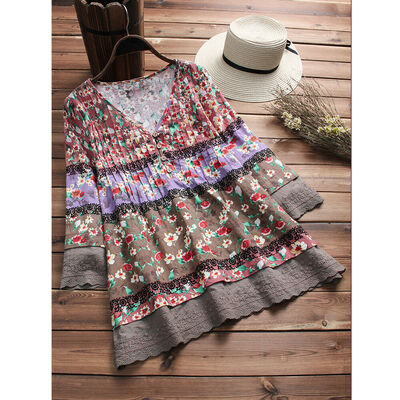 

Boho Women Vintage 34 Sleeve V-Neck Floral Loose Blouse T-shirt Tops Shirt NEW