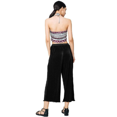 

New Fashion Women Loose Pleated Pants Wide Leg Elastic Waist Ruffled Hem Casual Flared Trousers Black