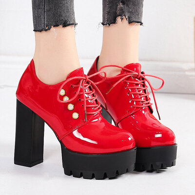 

Princess Shoes Super-heel Shoes Waterproof Table Coarse heel lace-up lacquer leather Bright Water Drill 100 sets of womens shoes