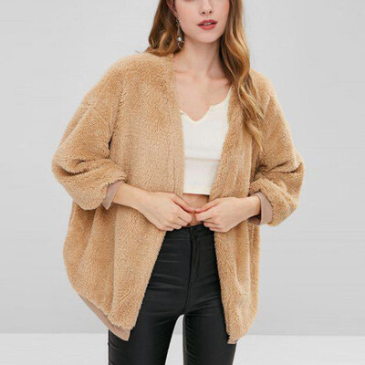 

Roseonmyhand Womens Fashion Round Neck Solid Color Loose Plush Pocket Cardigan Coat