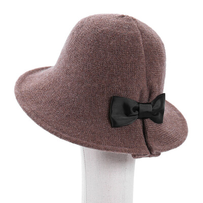 

Korean literary&artistic bow basin hat solid-colored wool knitted fisherman hat woman big edge foldable warm wool cap winter