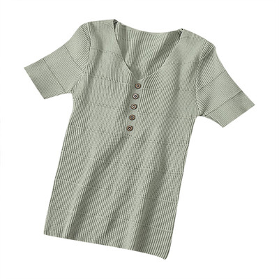 

Solid Short Sleeve Summer Tee Top Women V-collar Concise T-shirts femme Personality All-match streetwear
