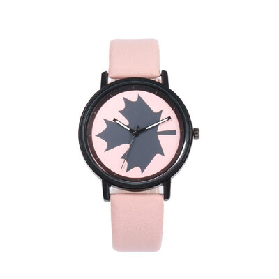 

Women Maple Pattern Wrist Watch Lady Fashion Alloy Case Leather Band Quartz Watch