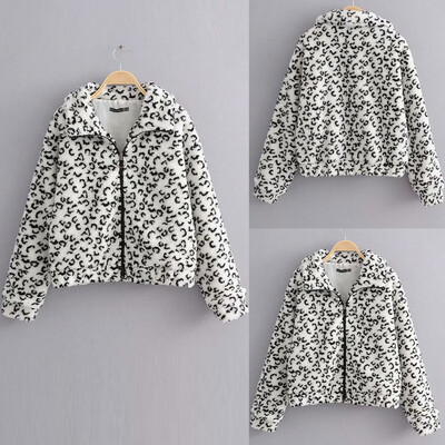 

Toponeto Fashion Women Casual Zipper Pockets Printed Leopard Long Sleeve Tops Jacket Coat