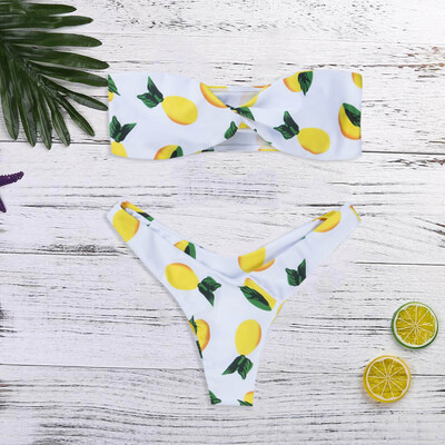 

Roseonmyhand Women Lemon Print Tube Up Padded Push-up Bathing Suit Bikini Swimwear Swimsuit