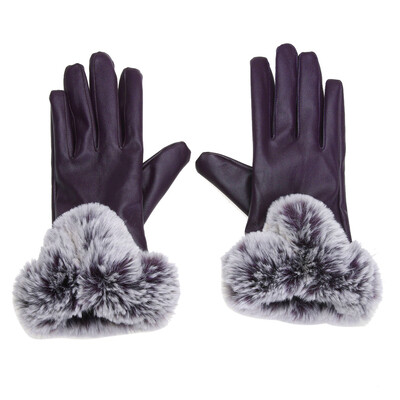 

Winter PU Leather Mittens Lady Elegant Female Rabbit Hair Gloves